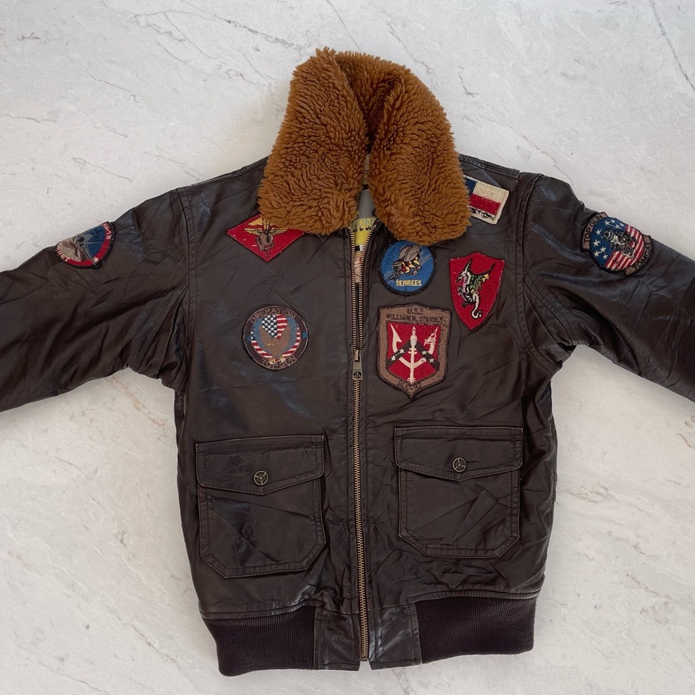 Kid’s TOP GUN Pilot Brown Faux Leather Bomber Jacket with Patches, Size 10